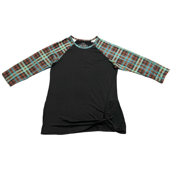 Crazy Train Tops - CRAZY TRAIN Black Multicolor Plaid 3/4 Sleeve Stretch Top Shirt Size M